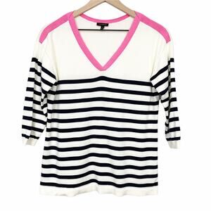 Talbots Sweater Women's Size Small V Neck Striped Black Cream Pink 3/4 Sleeves